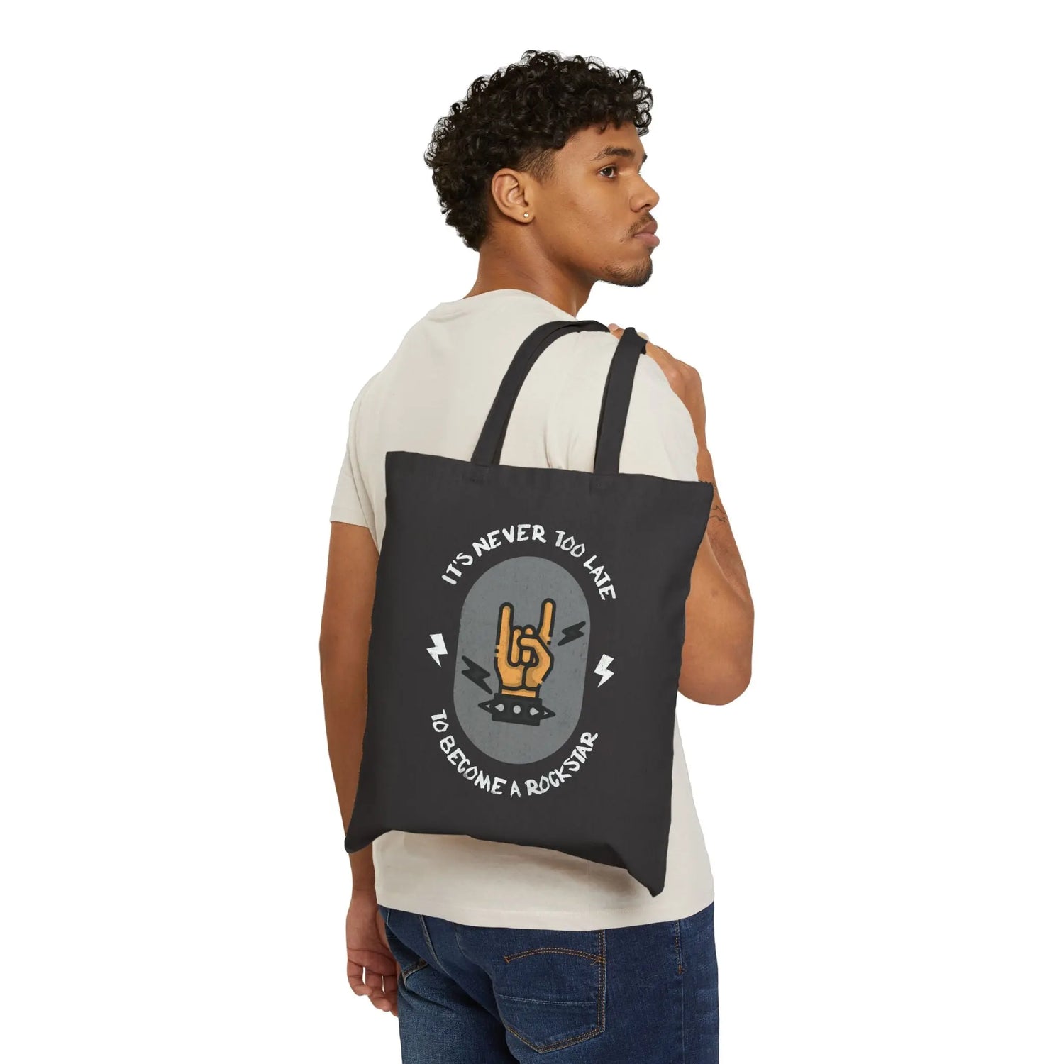 "It's Never Too Late to Become a Rockstar" Cotton Canvas Tote Bag - Realm of Artists