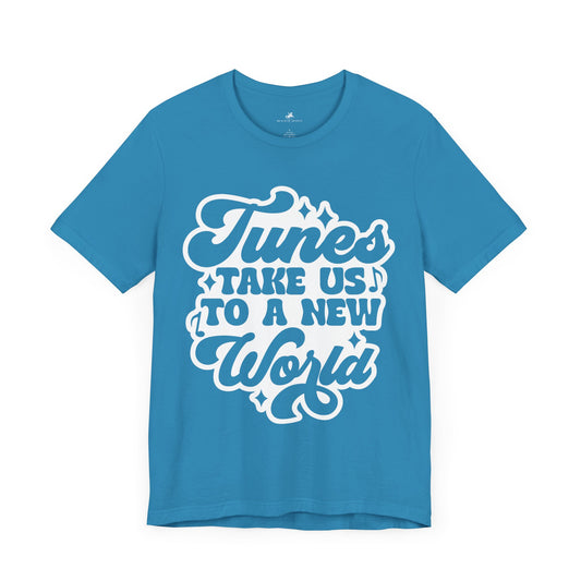 Tunes Take Us to a New World Graphic Cotton T-Shirt - Trendy Short Sleeve Tee for Music Lovers and Dreamers | Unique Design, Comfortable Fit, Premium Quality Printify