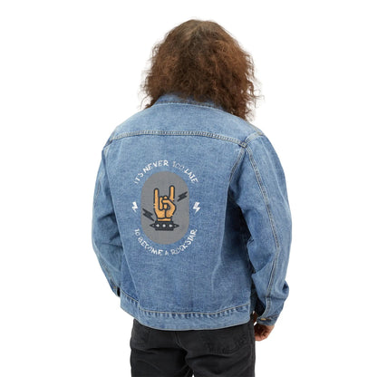 "It's Never Too Late to Become a Rockstar" Men's Denim Jacket - Realm of Artists