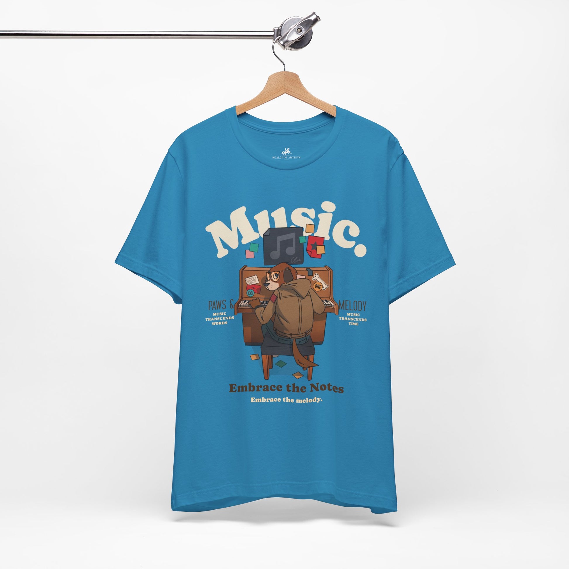 Music, Paws, and Melody Graphic Cotton T-Shirt - Trendy Short Sleeve Tee for Animal and Music Lovers | Unique Design, Comfortable Fit, Premium Quality Printify