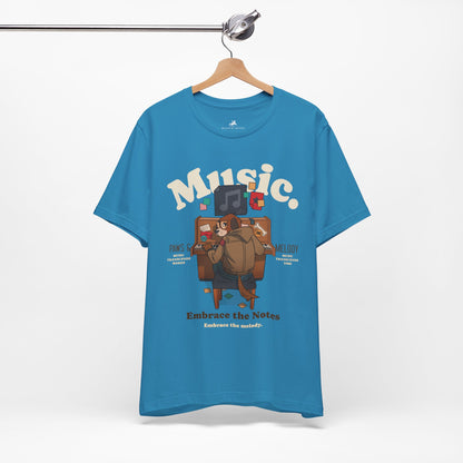 Music, Paws, and Melody Graphic Cotton T-Shirt - Trendy Short Sleeve Tee for Animal and Music Lovers | Unique Design, Comfortable Fit, Premium Quality Printify