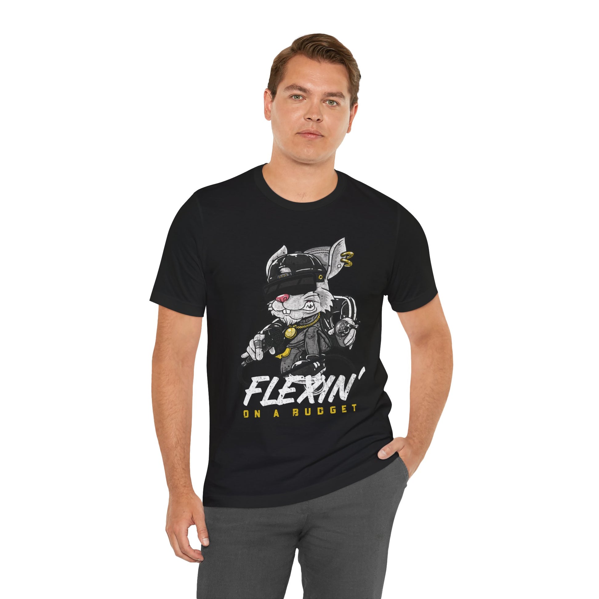 Flexin' on a Budget Graphic Cotton T-Shirt - Trendy Short Sleeve Tee for Budget-Conscious Fashion Lovers | Unique Design, Comfortable Fit, Premium Quality Printify