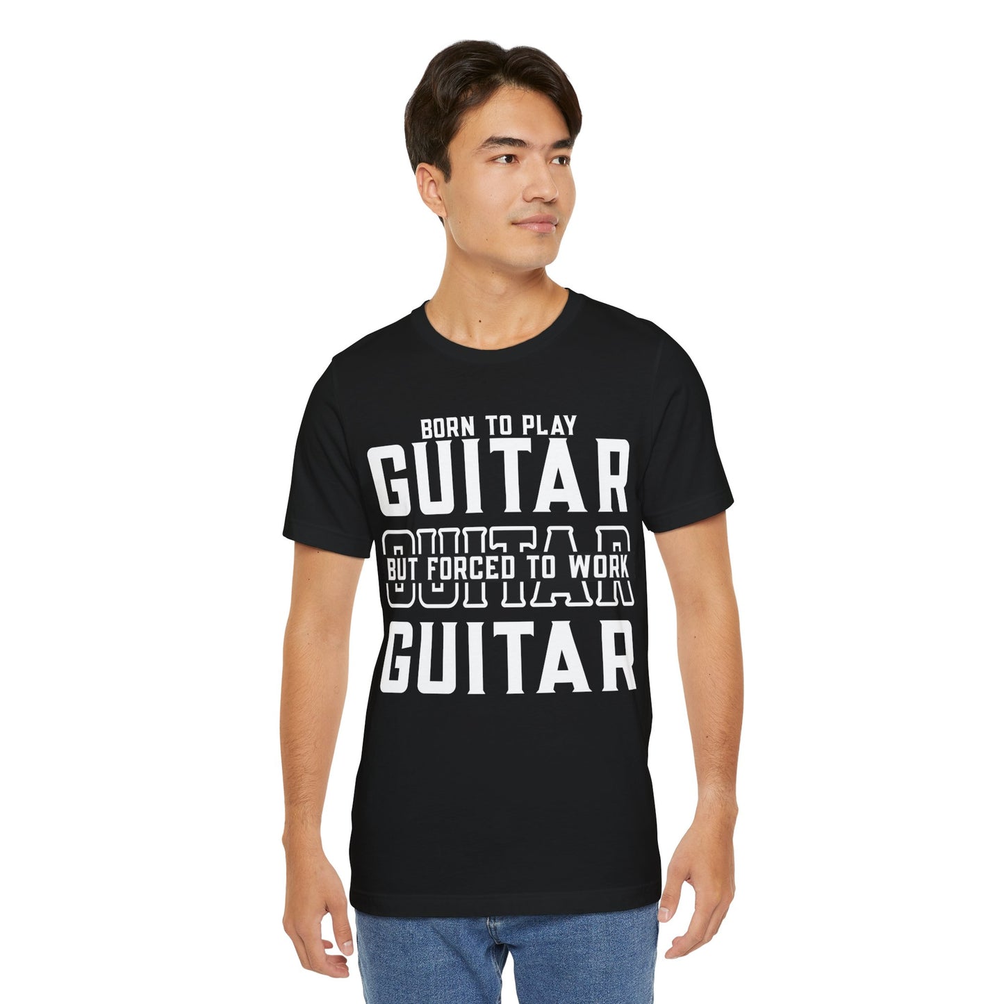 Born to Play Guitar but Forced to Work Graphic Cotton T-Shirt - Trendy Short Sleeve Tee for Guitar Players and Music Lovers | Unique Design, Comfortable Fit, Premium Quality Printify