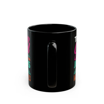 "This Girl Runs on Jesus and Musicals" Black Ceramic Mug – Perfect for Faith & Music Lovers Printify