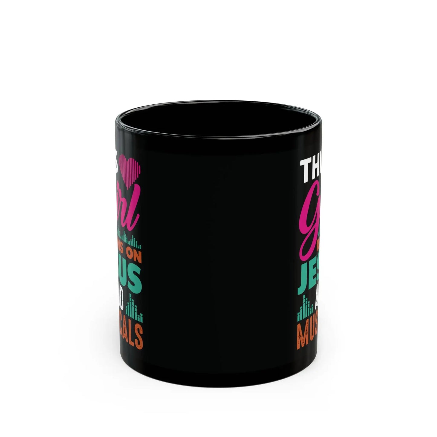 "This Girl Runs on Jesus and Musicals" Black Ceramic Mug – Perfect for Faith & Music Lovers Printify