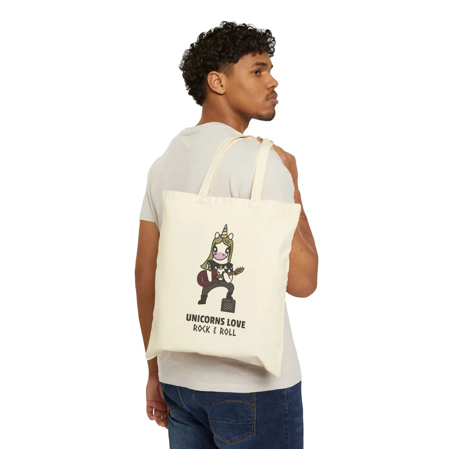 "Unicorns Love Rock & Roll" Cotton Canvas Tote Bag - Realm of Artists