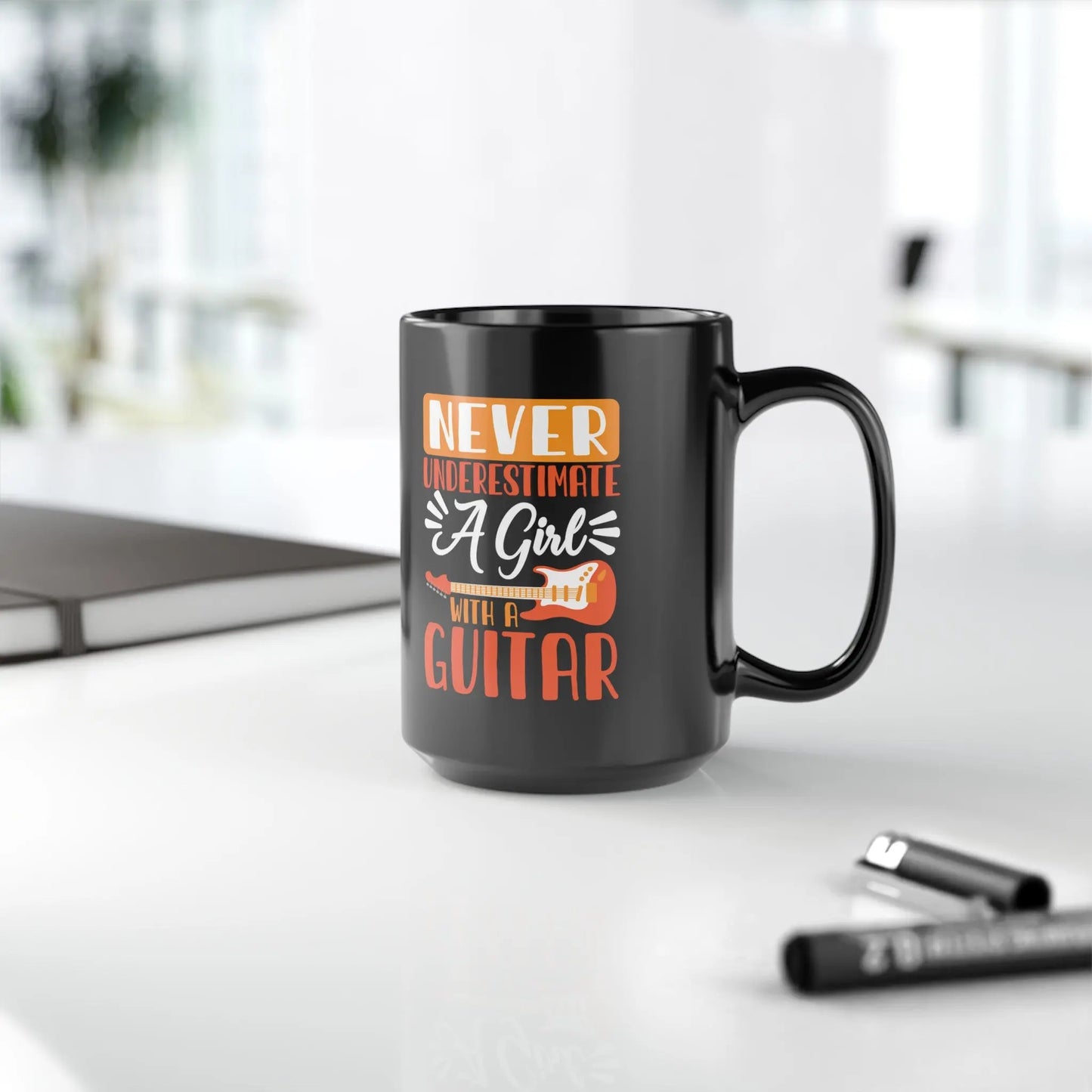 "Never Underestimate a Girl with a Guitar" Coffee Mug - Empowering Gift for Female Guitarists Printify