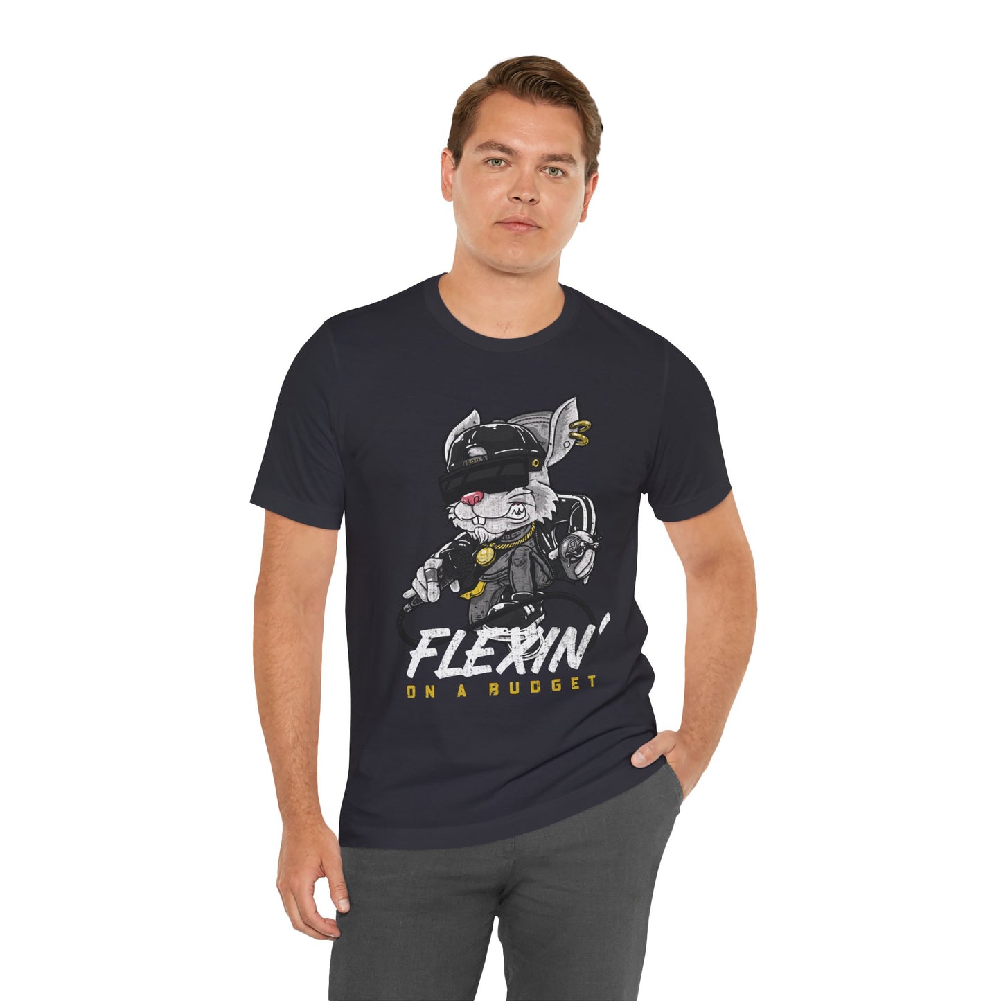 Flexin' on a Budget Graphic Cotton T-Shirt - Trendy Short Sleeve Tee for Budget-Conscious Fashion Lovers | Unique Design, Comfortable Fit, Premium Quality Printify