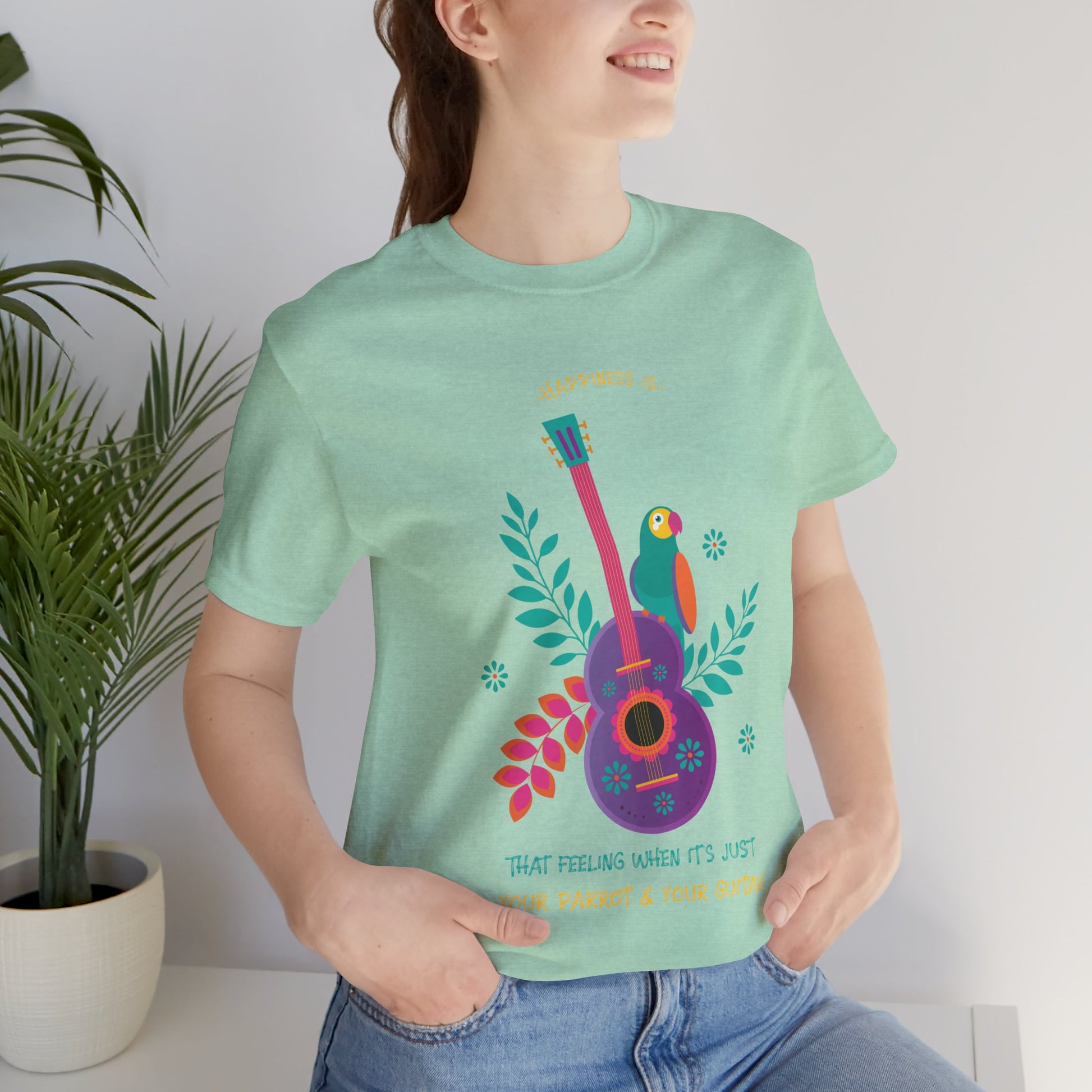 Happiness is When It's Just Your Parrot and Your Guitar Graphic Cotton T-Shirt - Fun Short Sleeve Tee for Music and Pet Lovers | Unique Design, Comfortable Fit, Premium Quality Printify