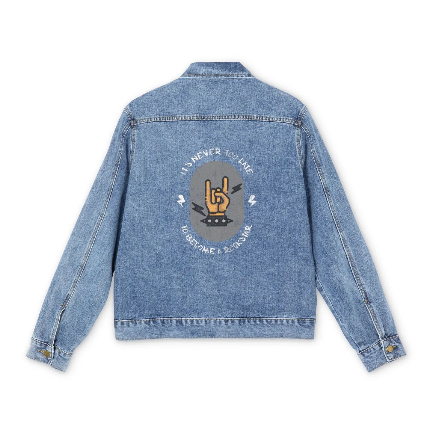 "It's Never Too Late to Become a Rockstar" Men's Denim Jacket - Realm of Artists