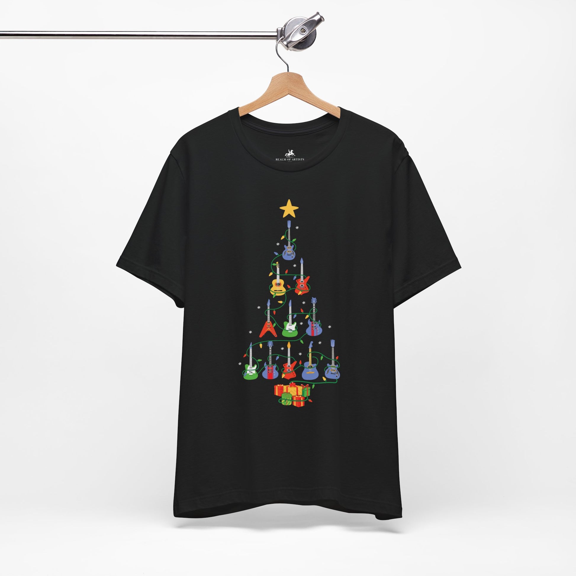 Guitar Christmas Tree Graphic Cotton T-Shirt - Festive Short Sleeve Tee for Music Lovers | Unique Design, Comfortable Fit, Premium Quality Printify