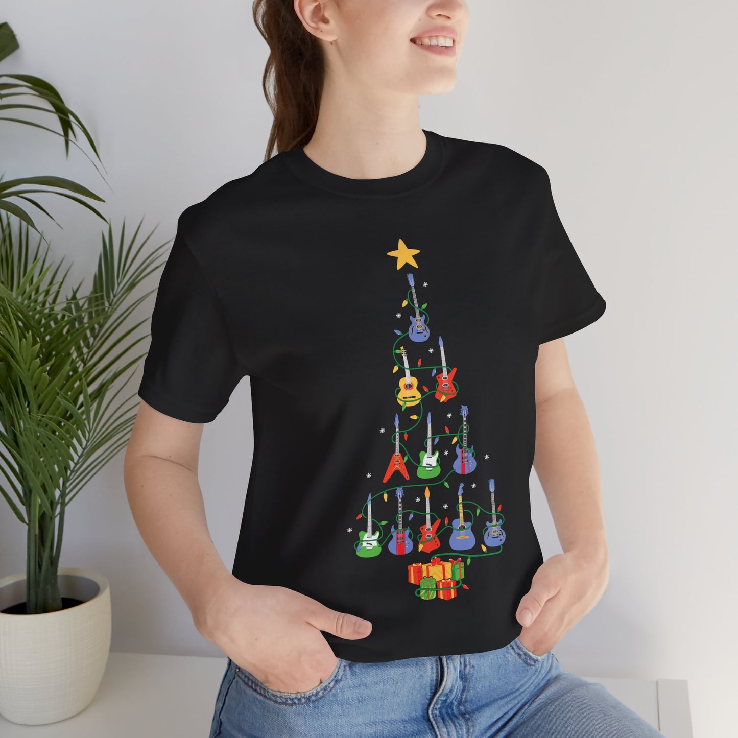 Guitar Christmas Tree Graphic Cotton T-Shirt - Festive Short Sleeve Tee for Music Lovers | Unique Design, Comfortable Fit, Premium Quality Printify