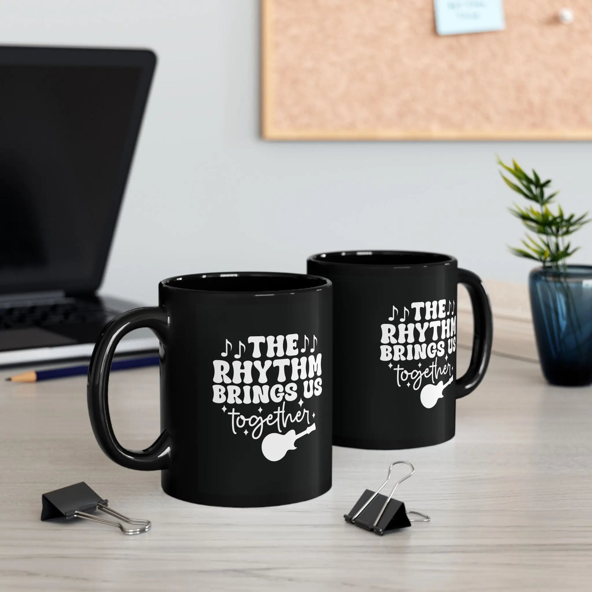 "The Rhythm Brings Us Together" Black Ceramic Mug – Perfect for Coffee, Tea & Hot Chocolate Lovers Printify