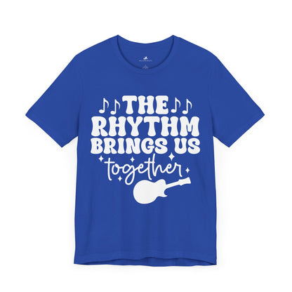 The Rhythm Brings Us Together Graphic Cotton T-Shirt - Trendy Short Sleeve Tee for Music Lovers and Community Vibes | Unique Design, Comfortable Fit, Premium Quality Printify