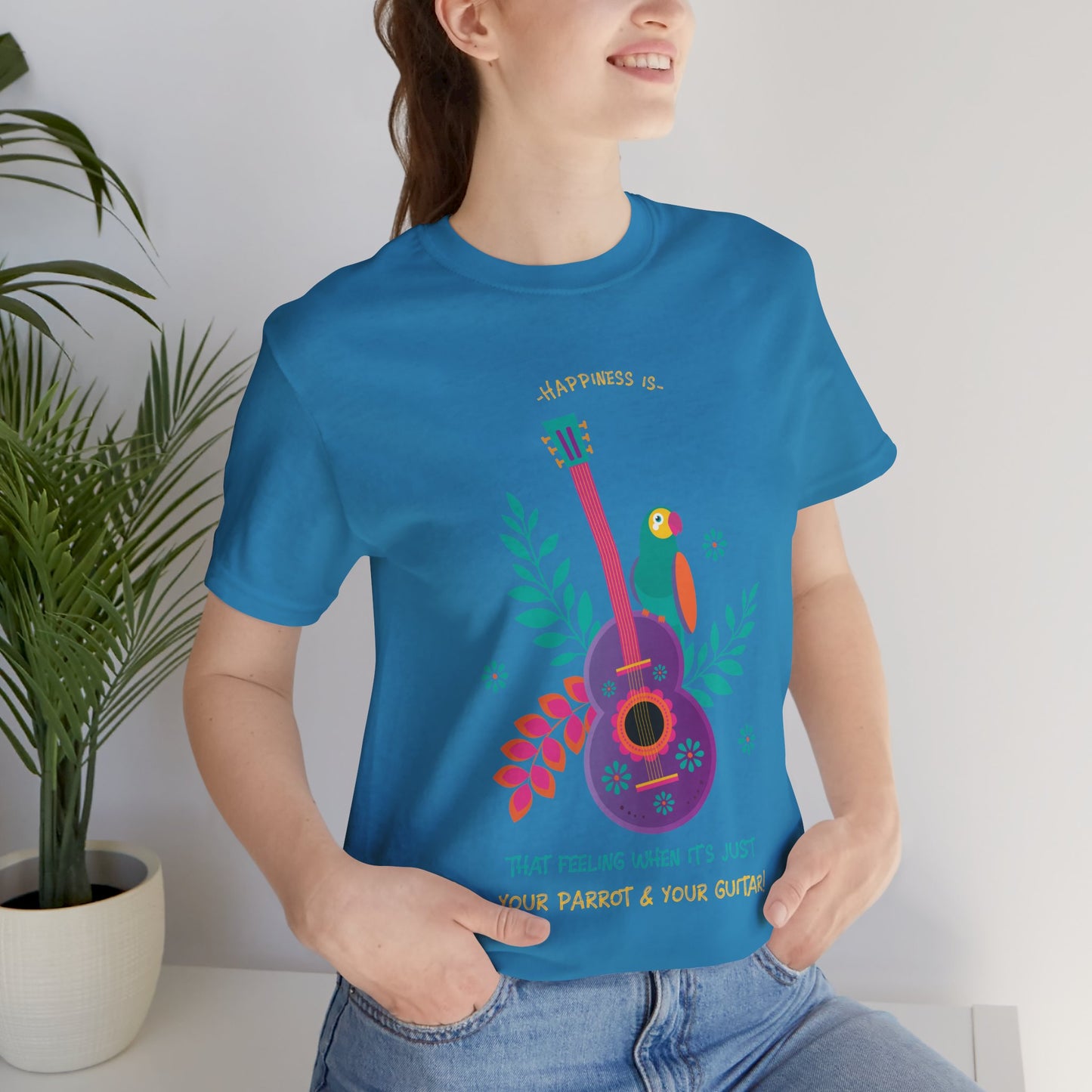 Happiness is When It's Just Your Parrot and Your Guitar Graphic Cotton T-Shirt - Fun Short Sleeve Tee for Music and Pet Lovers | Unique Design, Comfortable Fit, Premium Quality Printify