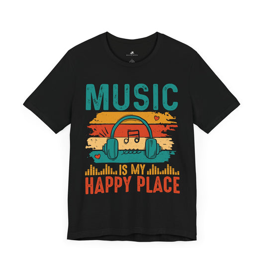 Music Is My Happy Place Graphic Cotton T-Shirt - Trendy Short Sleeve Tee for Music Lovers and Joy Seekers | Unique Design, Comfortable Fit, Premium Quality Printify