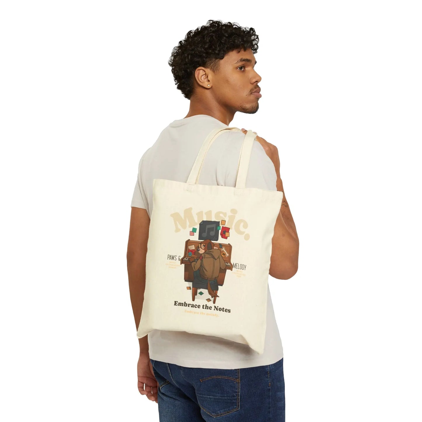 "Music. Paws & Melody" Cotton Canvas Tote Bag - Realm of Artists