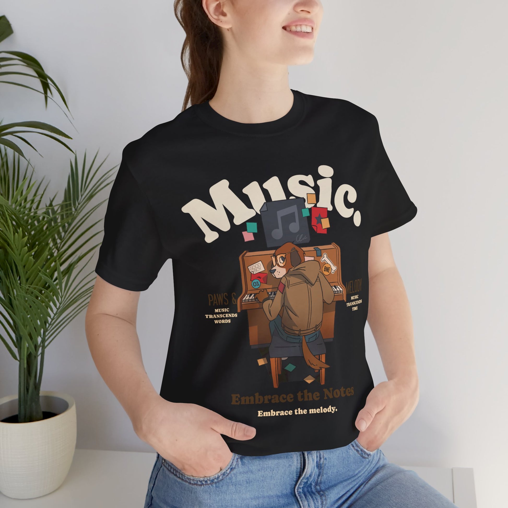 Music, Paws, and Melody Graphic Cotton T-Shirt - Trendy Short Sleeve Tee for Animal and Music Lovers | Unique Design, Comfortable Fit, Premium Quality Printify