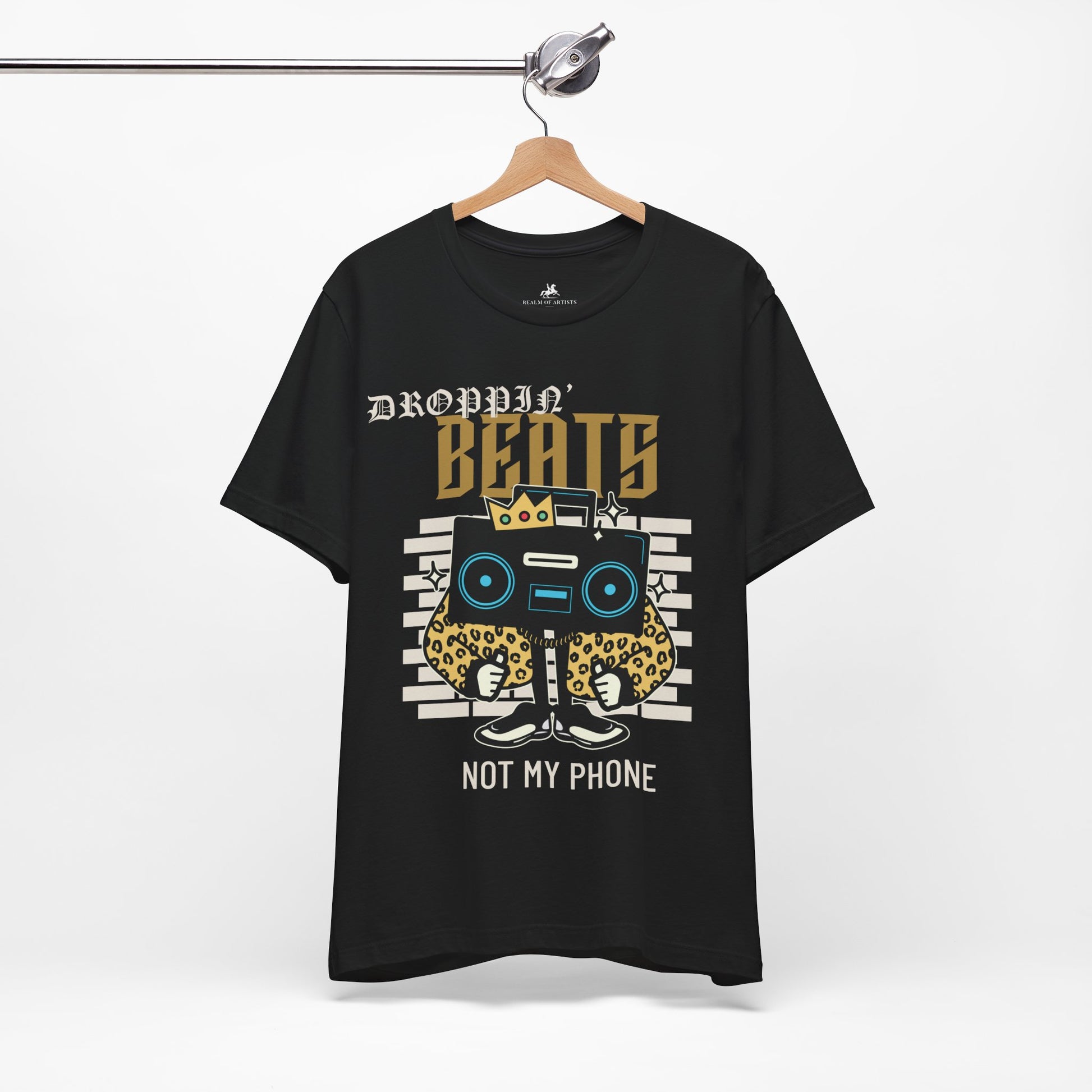 Droppin' Beats, Not My Phone Graphic Cotton T-Shirt - Trendy Short Sleeve Tee for Music Lovers | Unique Design, Comfortable Fit, Premium Quality Printify