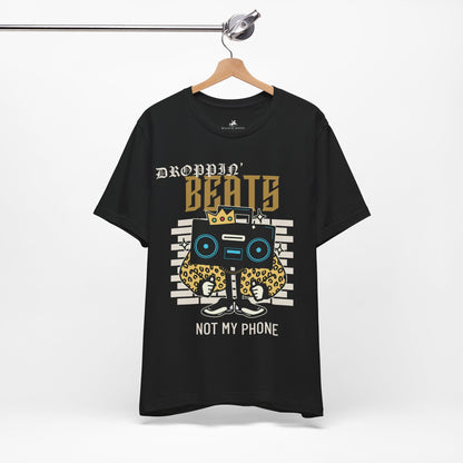 Droppin' Beats, Not My Phone Graphic Cotton T-Shirt - Trendy Short Sleeve Tee for Music Lovers | Unique Design, Comfortable Fit, Premium Quality Printify