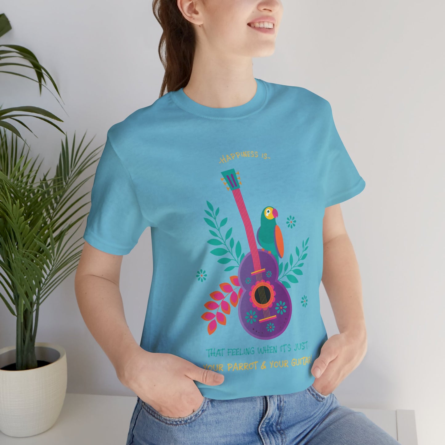 Happiness is When It's Just Your Parrot and Your Guitar Graphic Cotton T-Shirt - Fun Short Sleeve Tee for Music and Pet Lovers | Unique Design, Comfortable Fit, Premium Quality Printify