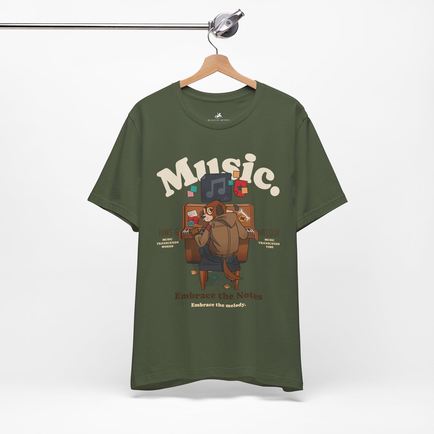 Music, Paws, and Melody Graphic Cotton T-Shirt - Trendy Short Sleeve Tee for Animal and Music Lovers | Unique Design, Comfortable Fit, Premium Quality Printify