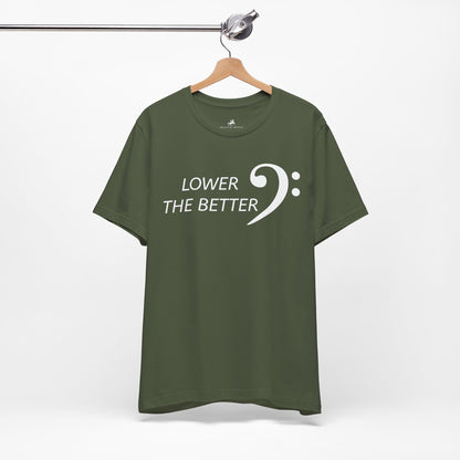 Lower the Better Graphic Cotton T-Shirt - Trendy Short Sleeve Tee for Music Lovers and Bass Enthusiasts | Unique Design, Comfortable Fit, Premium Quality Printify