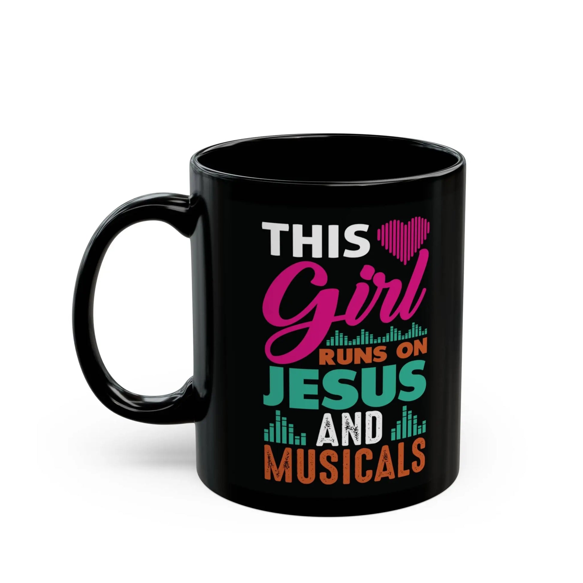 "This Girl Runs on Jesus and Musicals" Black Ceramic Mug – Perfect for Faith & Music Lovers Printify