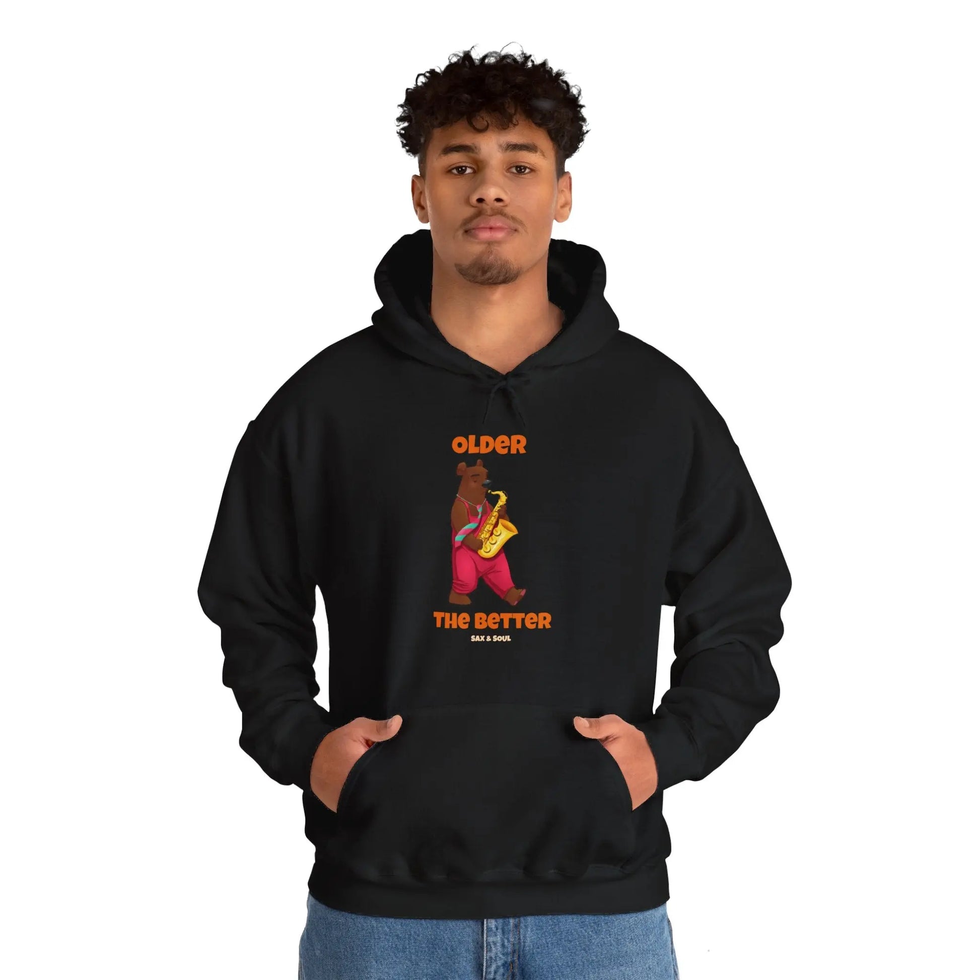 "Older the Better" Graphic Hoodie - Cozy Saxophone Bear Design Printify