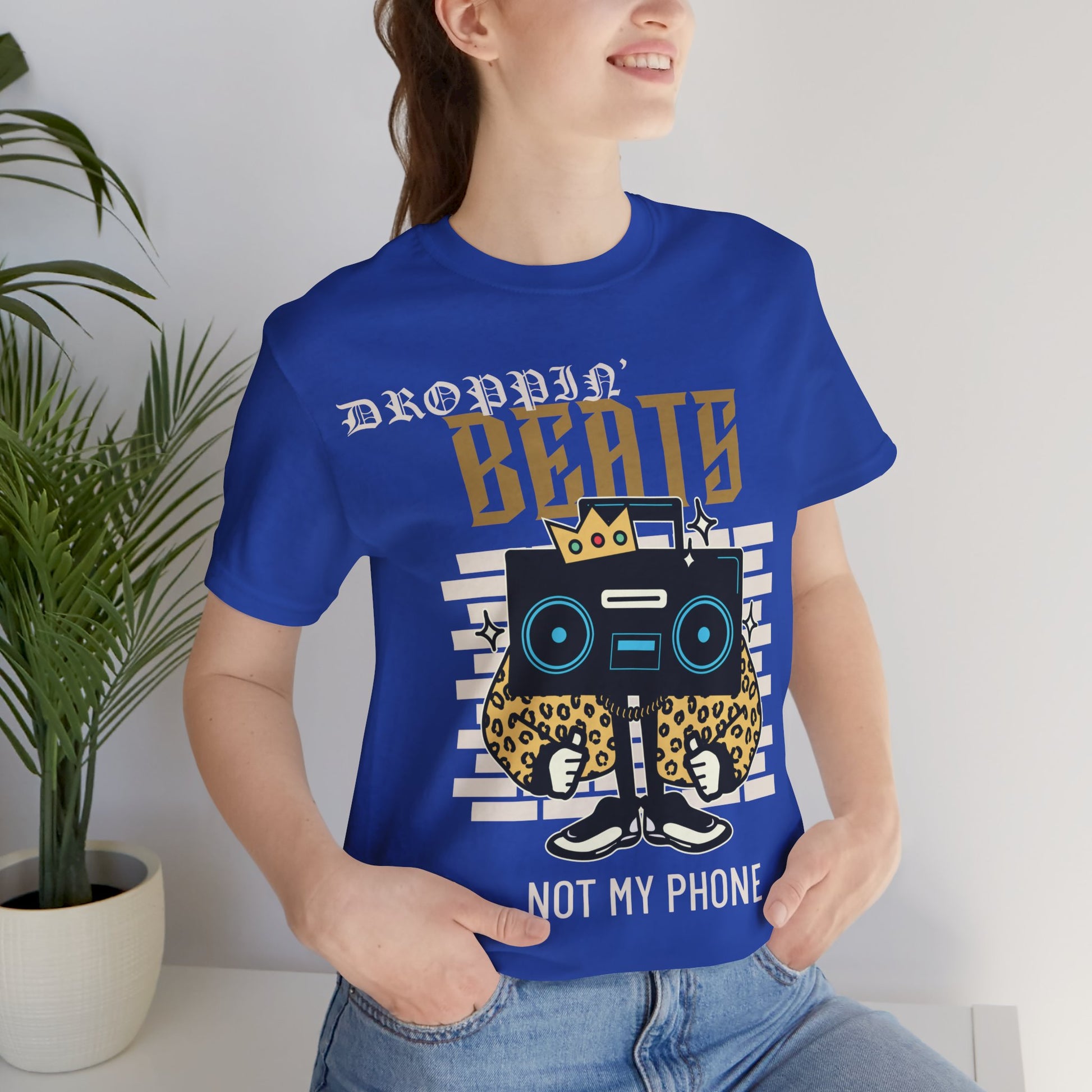 Droppin' Beats, Not My Phone Graphic Cotton T-Shirt - Trendy Short Sleeve Tee for Music Lovers | Unique Design, Comfortable Fit, Premium Quality Printify