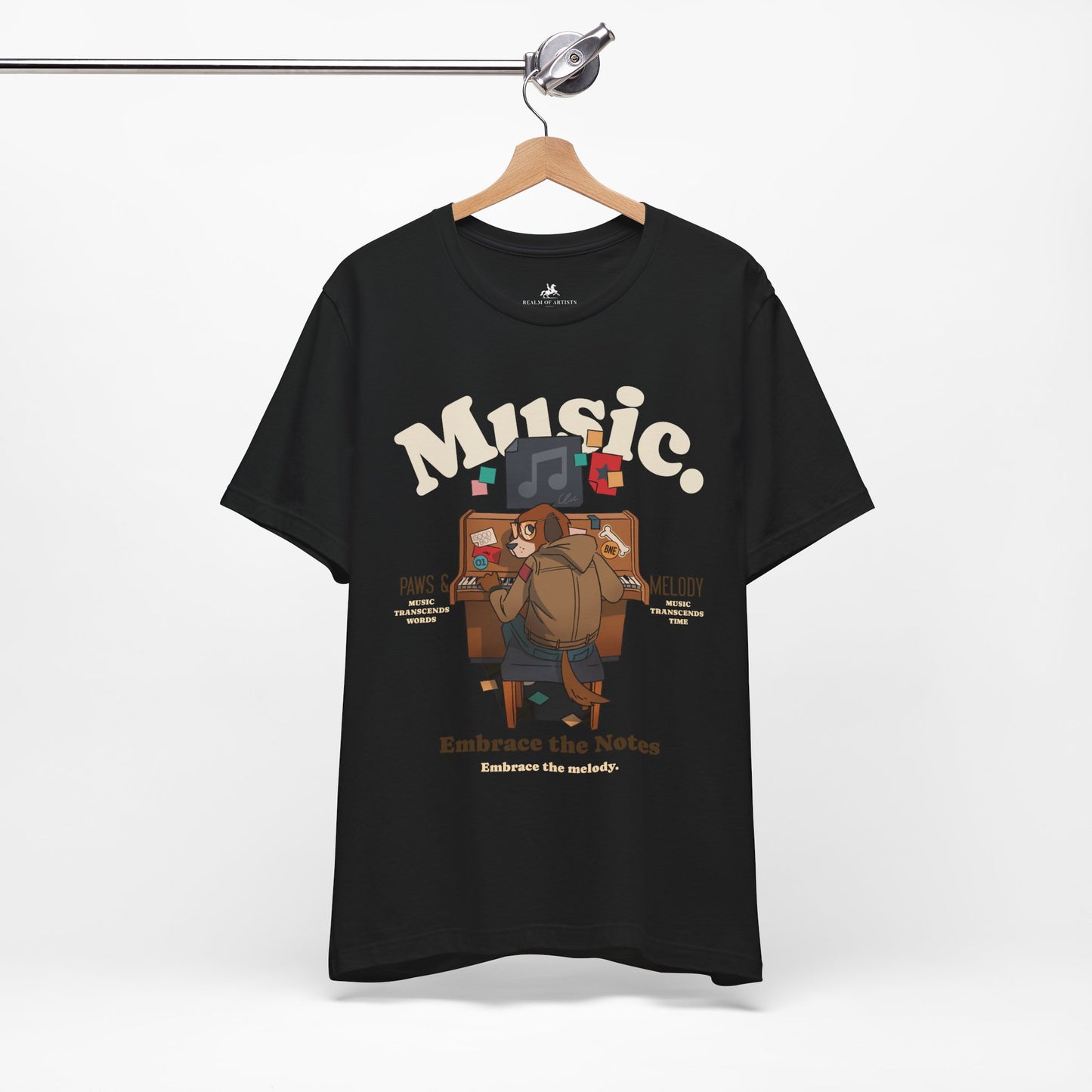 Music, Paws, and Melody Graphic Cotton T-Shirt - Trendy Short Sleeve Tee for Animal and Music Lovers | Unique Design, Comfortable Fit, Premium Quality Printify