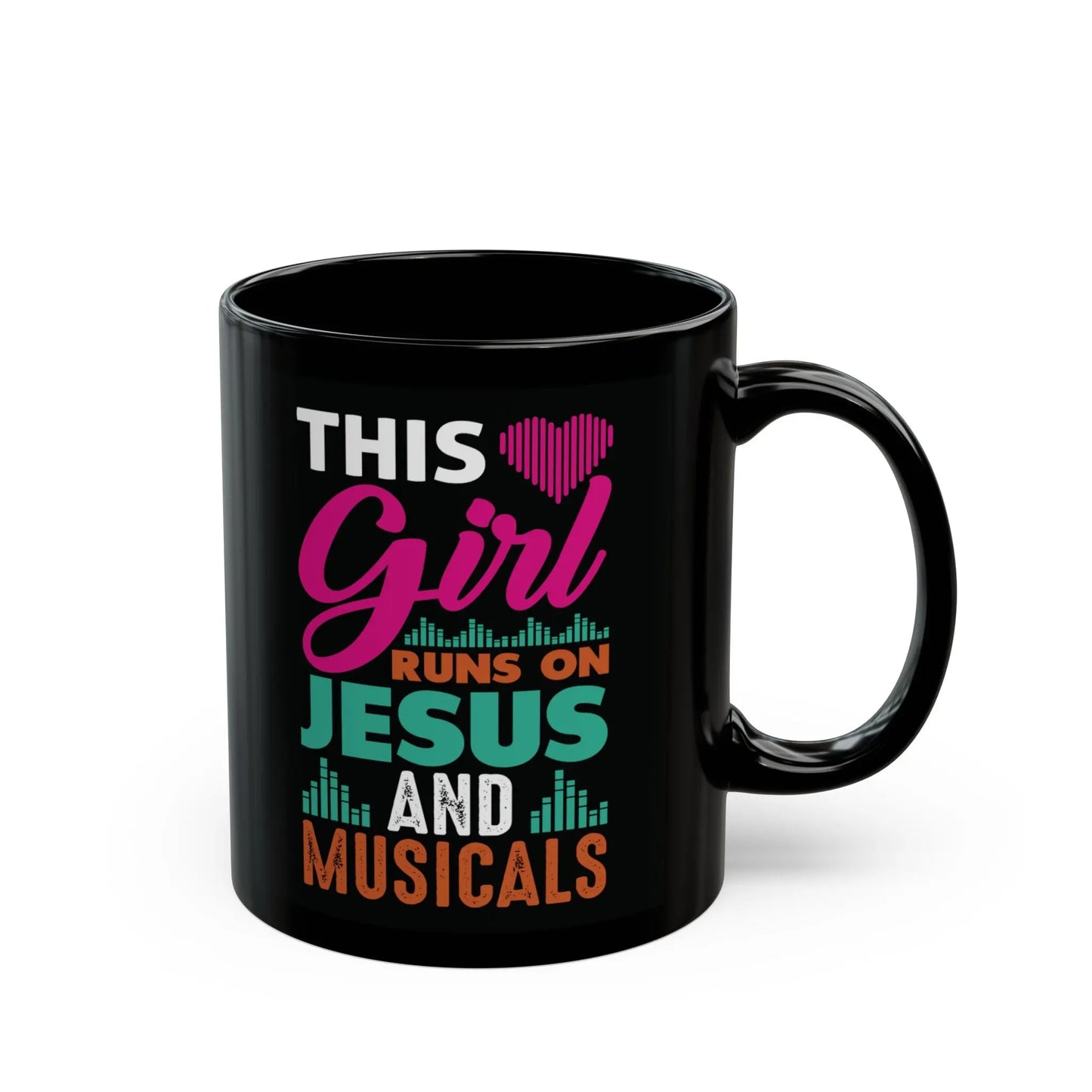 "This Girl Runs on Jesus and Musicals" Black Ceramic Mug – Perfect for Faith & Music Lovers Printify