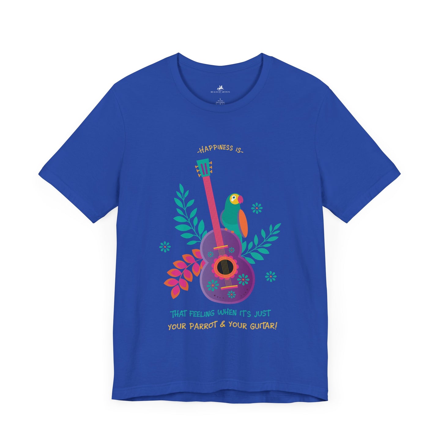 Happiness is When It's Just Your Parrot and Your Guitar Graphic Cotton T-Shirt - Fun Short Sleeve Tee for Music and Pet Lovers | Unique Design, Comfortable Fit, Premium Quality Printify