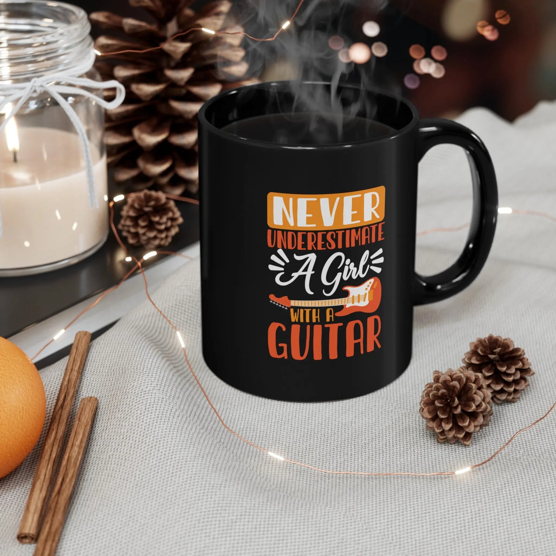 "Never Underestimate a Girl with a Guitar" Coffee Mug - Empowering Gift for Female Guitarists Printify