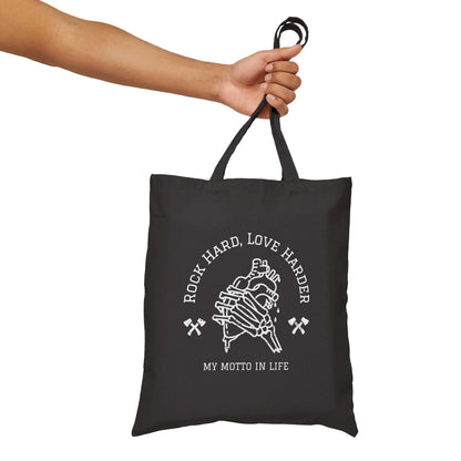 "Rock Hard, Love Harder - My Motto in Life" Cotton Canvas Tote Bag - Realm of Artists