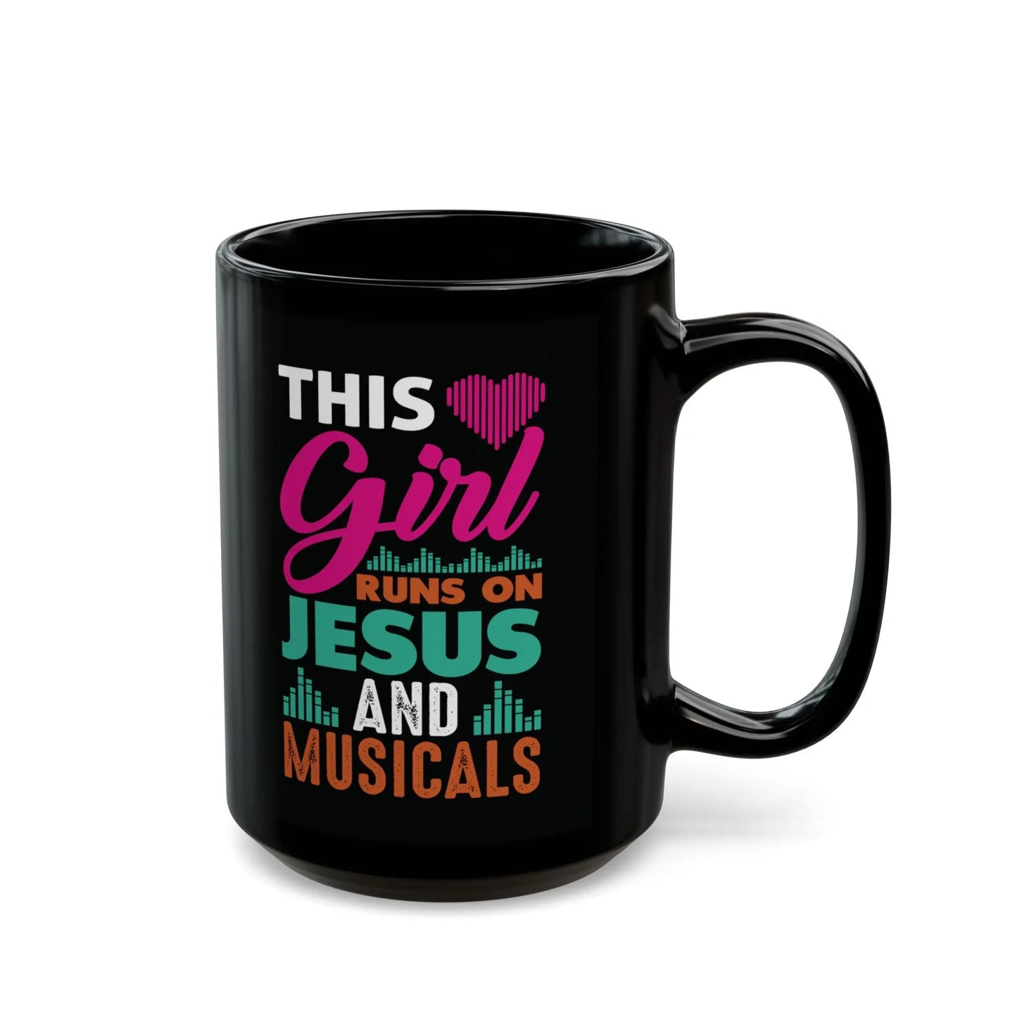 "This Girl Runs on Jesus and Musicals" Black Ceramic Mug – Perfect for Faith & Music Lovers Printify