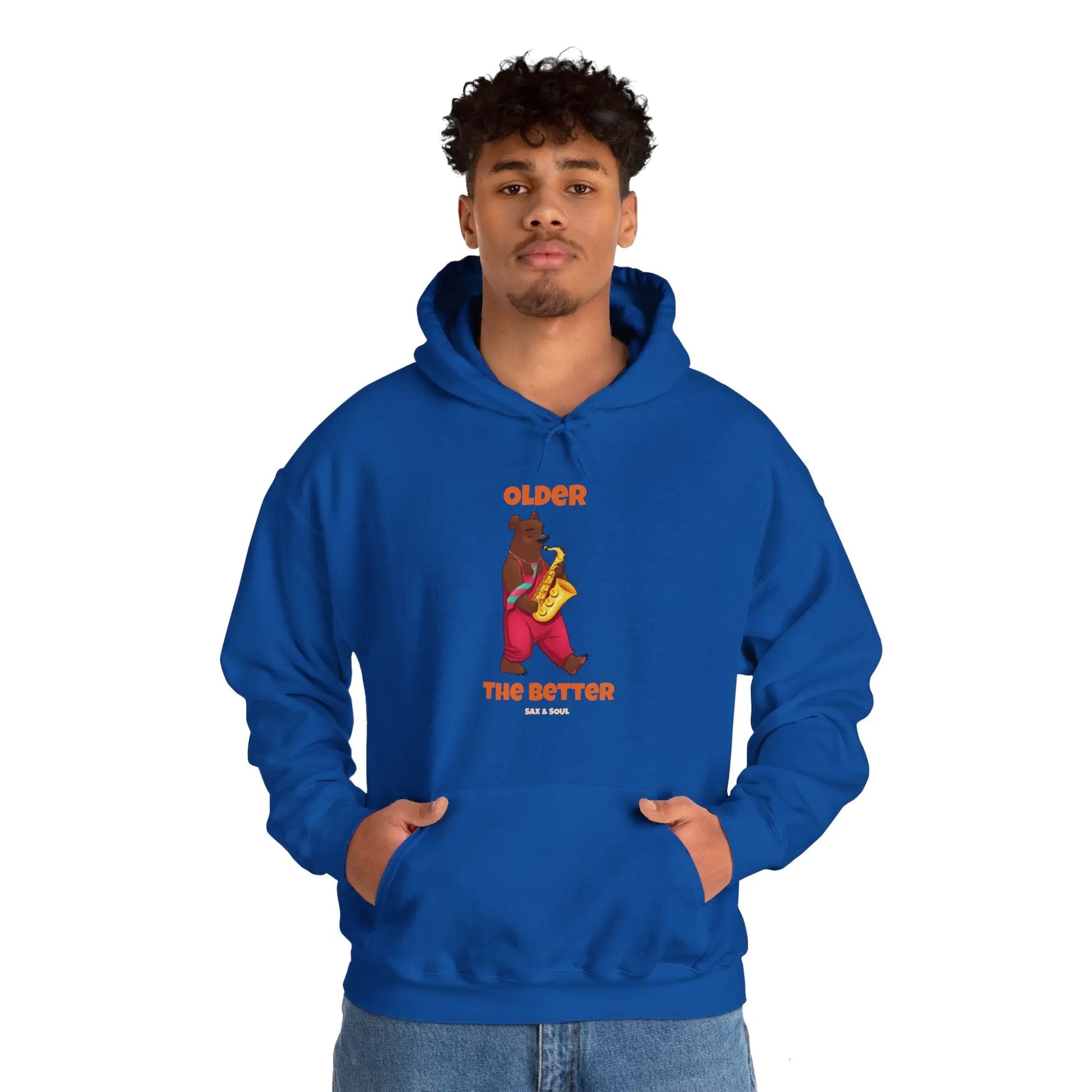 "Older the Better" Graphic Hoodie - Cozy Saxophone Bear Design Printify