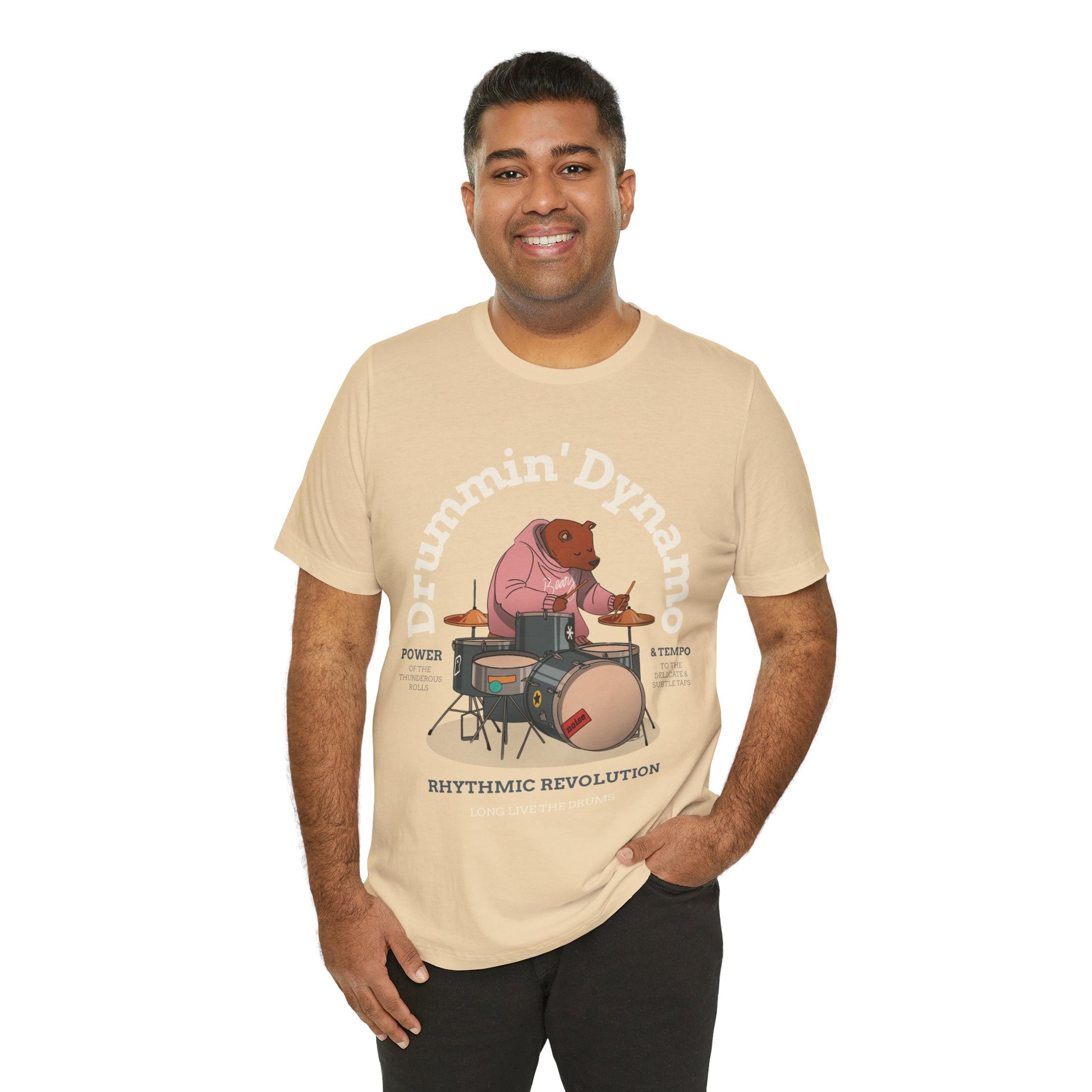 Drummin' Dynamo Graphic Cotton T-Shirt - Trendy Short Sleeve Tee for Drummers and Music Enthusiasts | Unique Design, Comfortable Fit, Premium Quality Printify