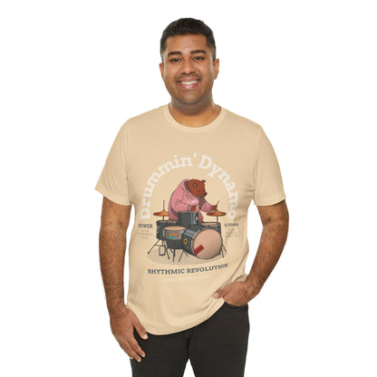 Drummin' Dynamo Graphic Cotton T-Shirt - Trendy Short Sleeve Tee for Drummers and Music Enthusiasts | Unique Design, Comfortable Fit, Premium Quality Printify