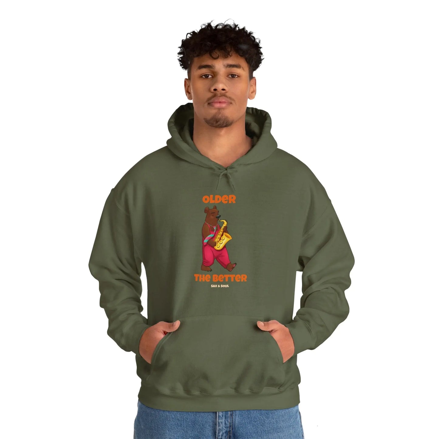 "Older the Better" Graphic Hoodie - Cozy Saxophone Bear Design Printify