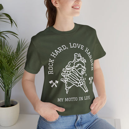 Rock Hard, Love Harder Graphic Cotton T-Shirt - Trendy Short Sleeve Tee for Music and Life Enthusiasts | Unique Design, Comfortable Fit, Premium Quality Printify